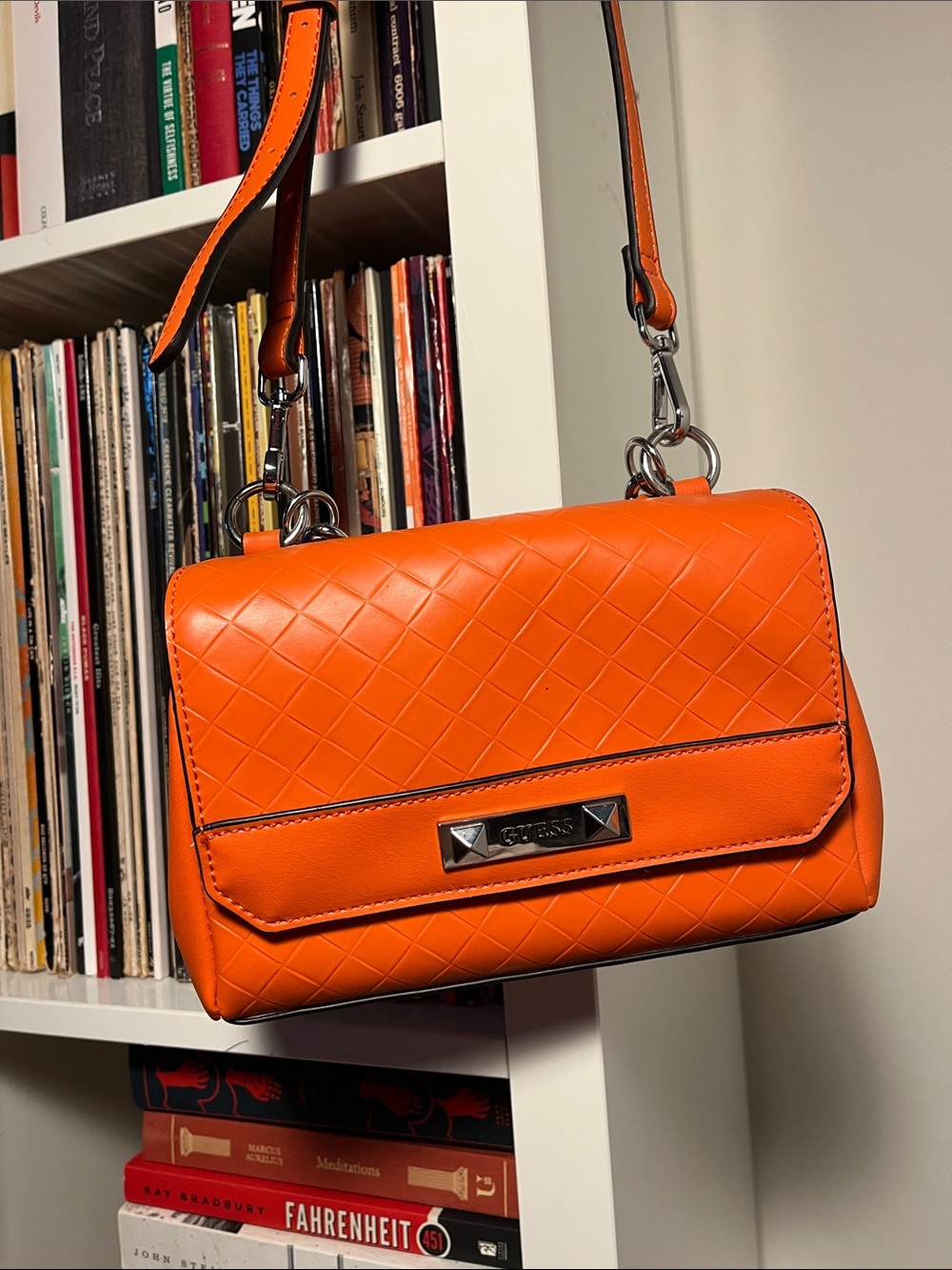 GUESS Orange Quilted Shoulder Bag with Adjustable and Detachable Strap